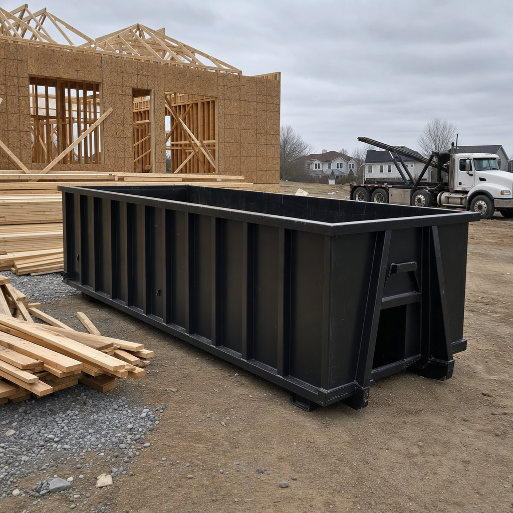 Matte-black 40-yard roll-off dumpster staged on a framed-out residential construction site in Cuyahoga Falls, framing lumber stacked nearby, hooklift delivery truck visible in the background under bright Colorado daylight