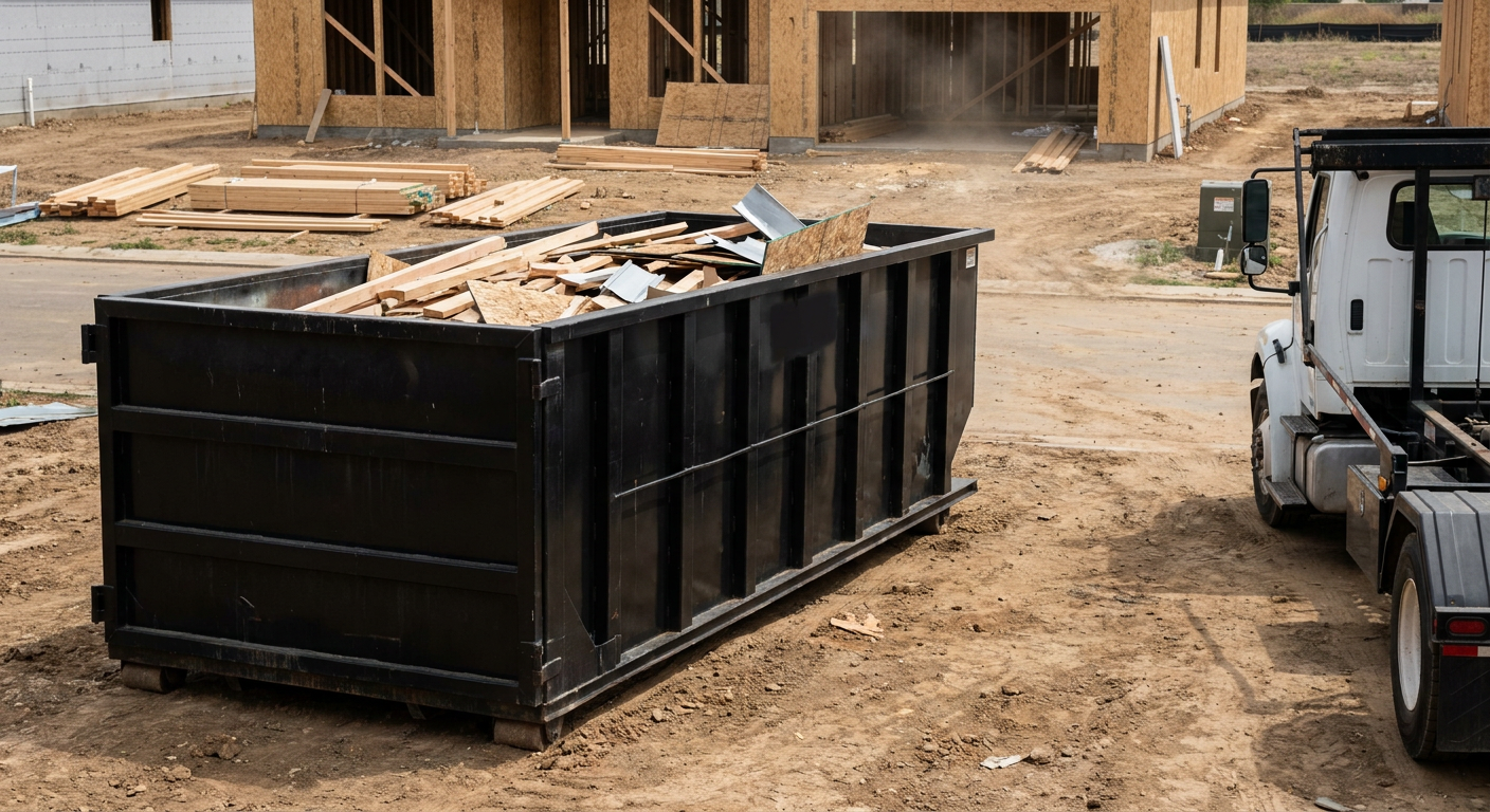 Matte-black 20-yard roll-off construction dumpster with heavy ribbed steel sidewalls and swing rear doors at a working jobsite in Cuyahoga Falls, sitting directly on compacted dirt with an unmarked white hauler partially visible at the far edge of the frame.