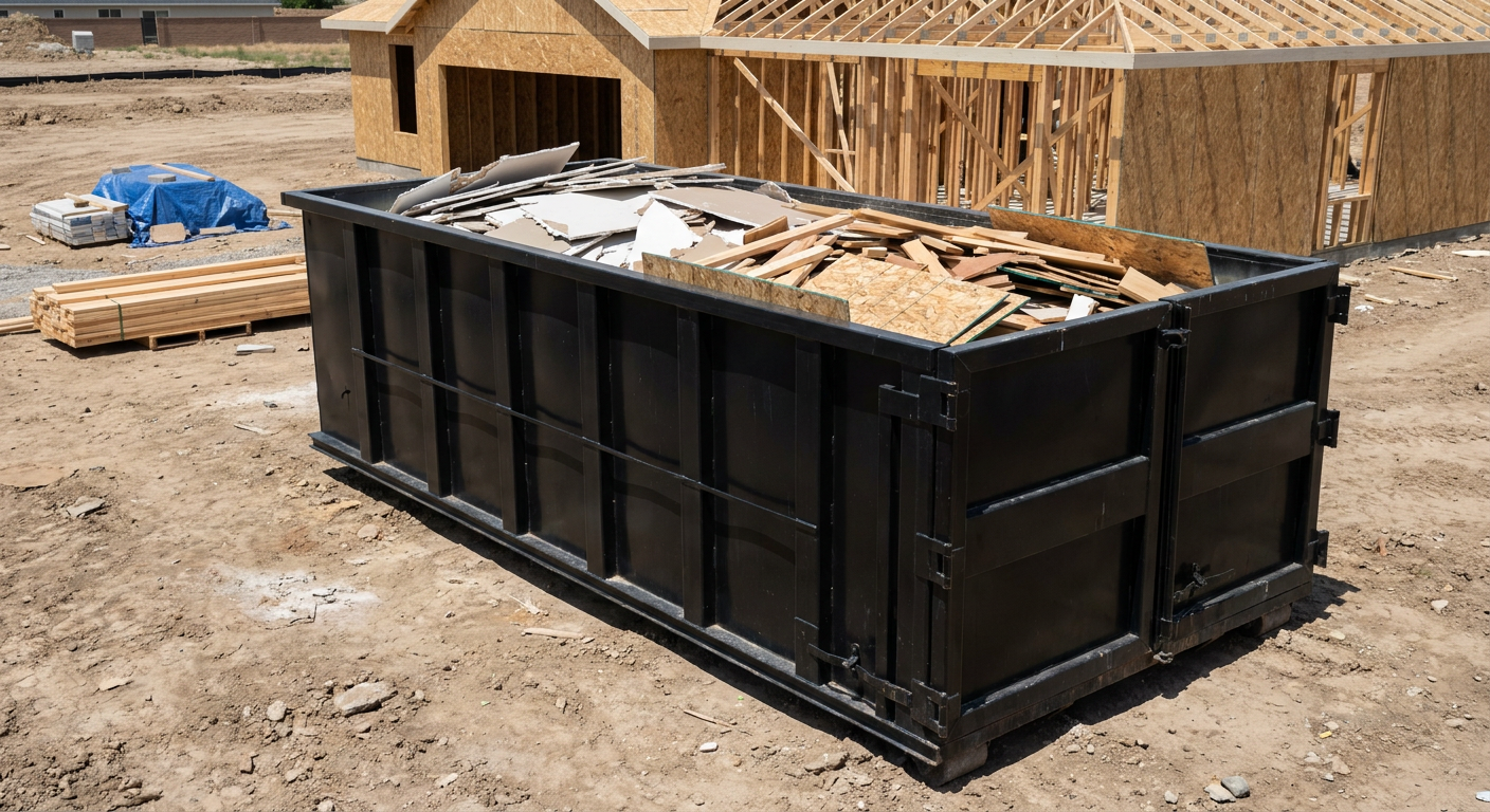 Matte-black 30-yard roll-off construction dumpster sitting directly on the compacted-dirt site of a framed single-family home build in Cuyahoga Falls, drywall and lumber scrap loaded inside.