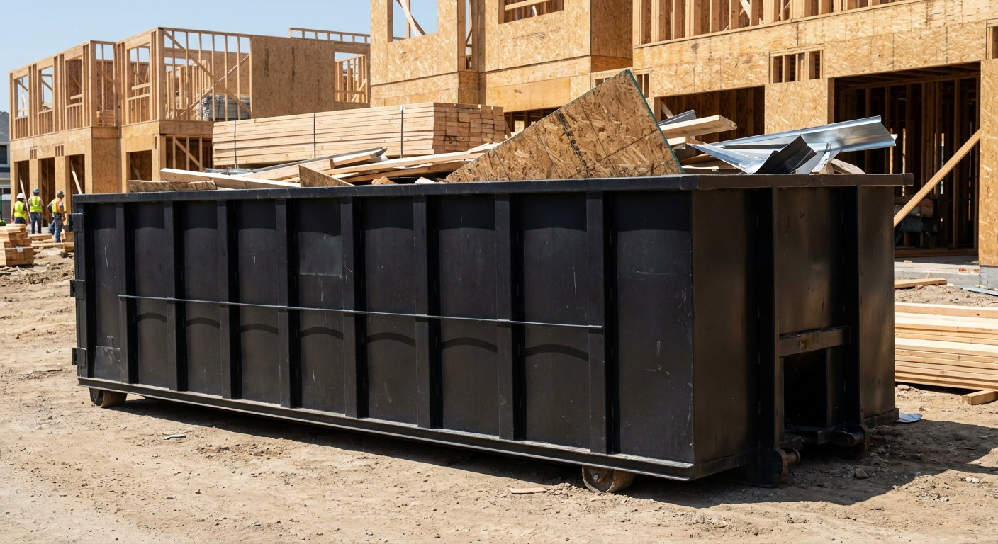 Matte-black 40-yard roll-off construction dumpster being lowered from a white-cab hooklift delivery truck onto the compacted-dirt jobsite at a commercial build site in Cuyahoga Falls