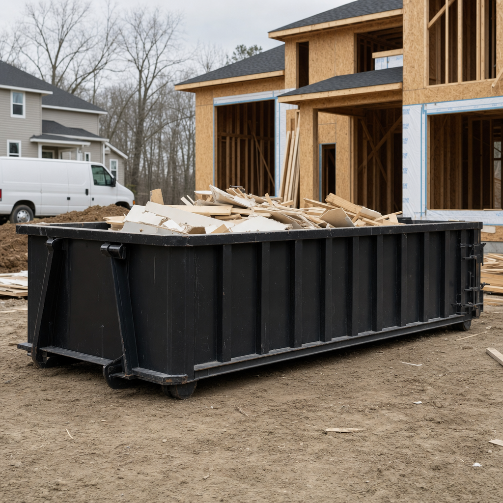 Worker in a yellow high-visibility vest tossing framing lumber and broken drywall into a matte-black 30-yard construction roll-off dumpster on an active build site in Cuyahoga Falls, bright daylight