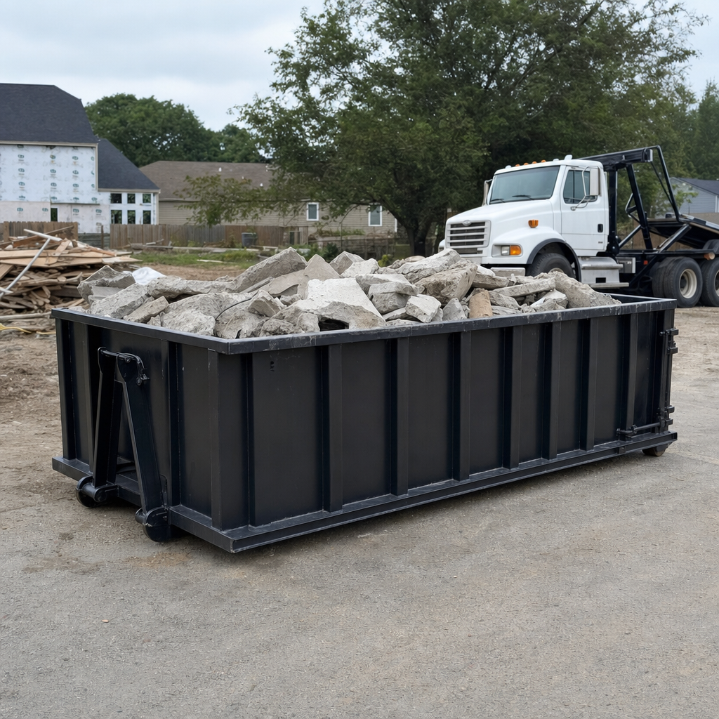 Low-profile matte-black lowboy roll-off dumpster loaded with broken concrete slab and rebar at a foundation tear-out in Cuyahoga Falls, skid steer parked beside it, sunny Colorado morning