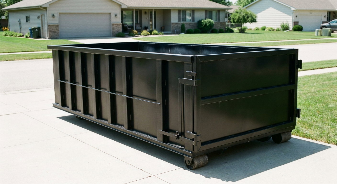 Matte-black 10-yard roll-off dumpster on a residential concrete driveway in Cuyahoga Falls, uniformly painted matte black across every panel and rail, ribbed steel sidewalls and rear swing door visible, mid-day daylight.