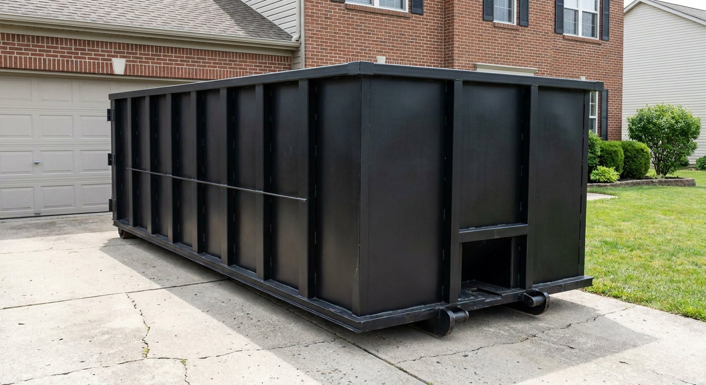 Matte-black 20-yard roll-off container on a Cuyahoga Falls residential concrete driveway with reinforced ribbed steel sidewalls and a hinged rear walk-in door, clean bright daylight.