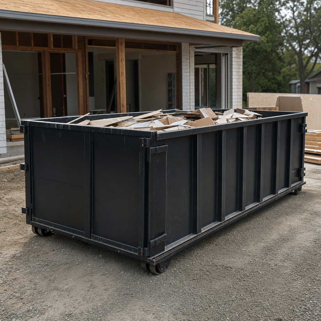 Large matte-black 30-yard construction roll-off dumpster at an active Cuyahoga Falls jobsite, steel-gray top rails and bottom rollers visible, loaded with construction debris.