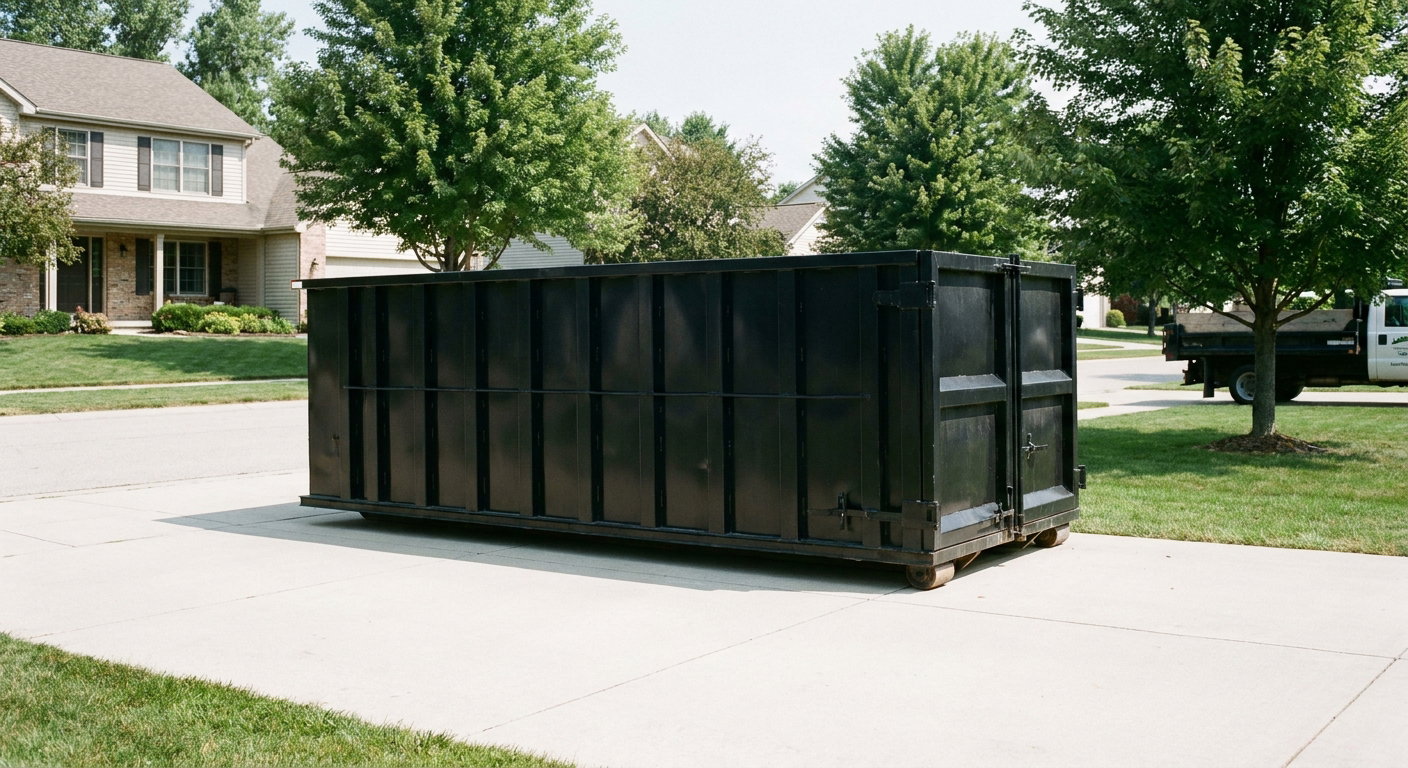 Matte-black 20-yard roll-off dumpster sitting level on a clean Cuyahoga Falls residential concrete driveway under bright daylight, demonstrating clean placement directly on the concrete.