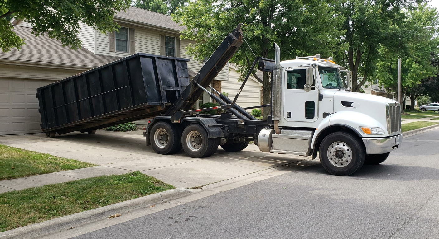 White-cab hooklift roll-off truck actively lowering a matte-black dumpster onto a Cuyahoga Falls residential concrete driveway, the dumpster's rear wheels touching the driveway as the hoist arm tilts the bed forward, mid-morning daylight.