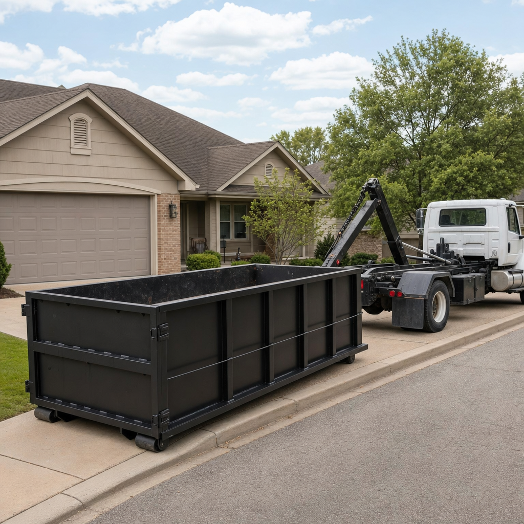 Wide documentary shot of a matte-black roll-off dumpster on a Cuyahoga Falls residential driveway in the foreground and a contractor jobsite container in the soft-focus background, bright daylight, calm and orderly composition.