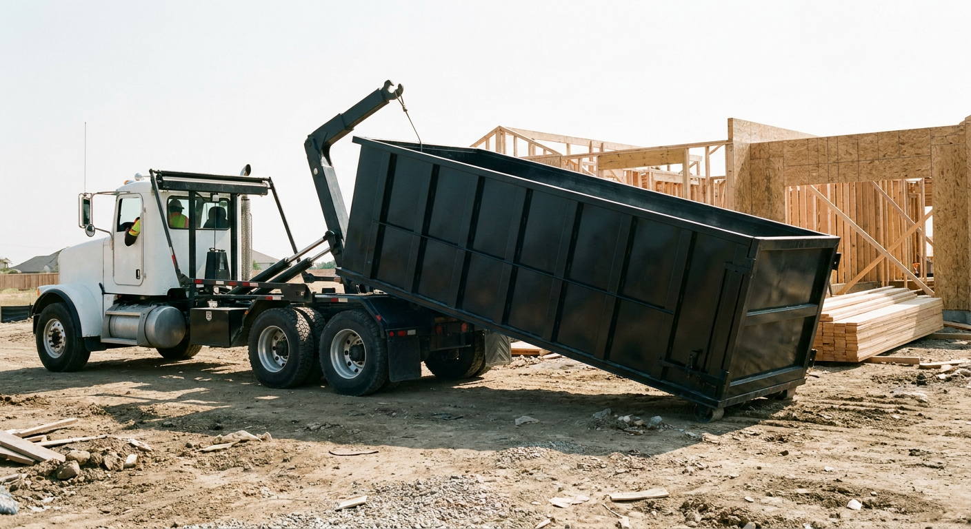Matte-black roll-off dumpster being delivered onto a clean residential concrete driveway in Cuyahoga Falls by an unmarked white hooklift hauler truck, bright morning daylight, documentary 35mm perspective.