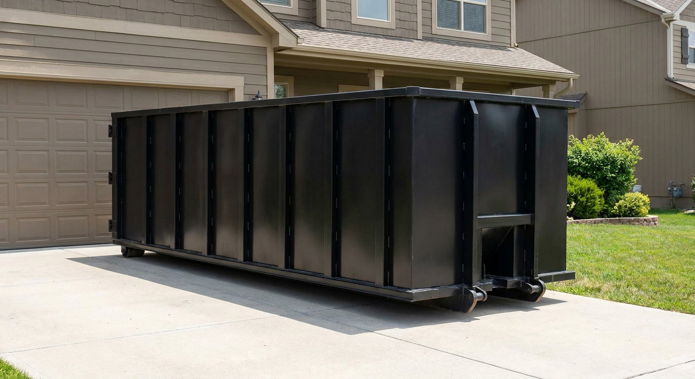 Matte-black residential roll-off dumpster sitting directly on a suburban Cuyahoga Falls concrete driveway, garage door closed, single-family home in background, bright morning daylight.