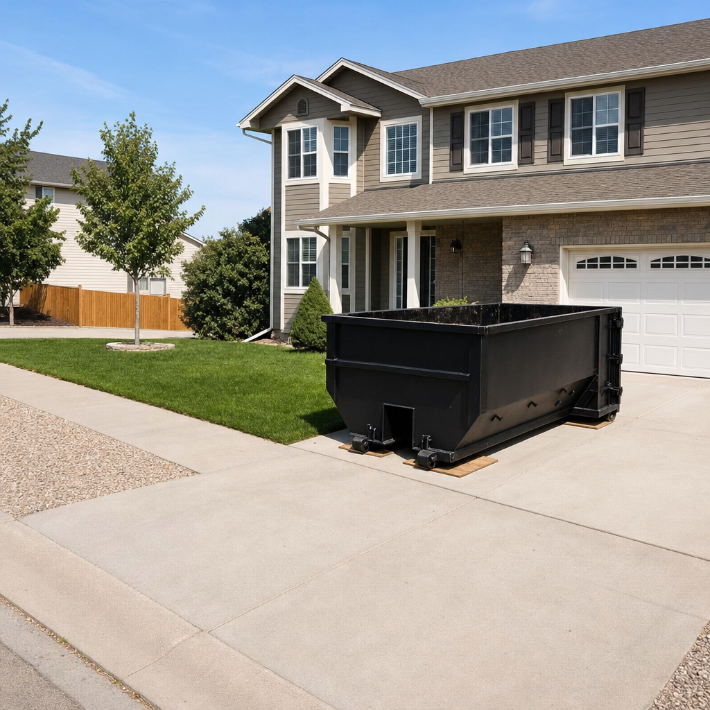 10-yard matte-black residential dumpster placed directly on a narrow Cuyahoga Falls concrete driveway, room remains for a parked sedan beside it, mid-morning natural light