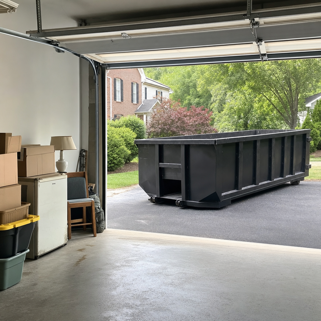 Open garage interior in a Cuyahoga Falls home mid-cleanout — boxed items, an old appliance, and stacked yard tools queued near the driveway for a matte-black roll-off dumpster, organized and calm