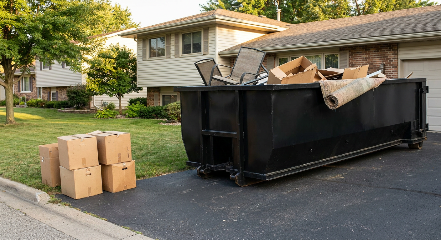 Front-yard view of a Cuyahoga Falls split-level home with a 20-yard matte-black roll-off dumpster sitting directly on the asphalt driveway, a few clearly labeled donation boxes staged at the curb, calm sunny afternoon.