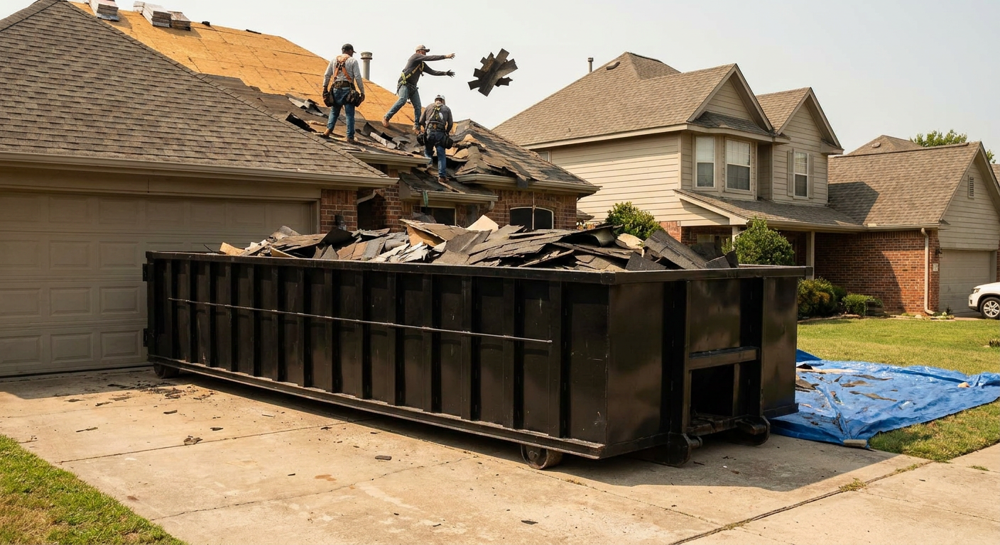 Matte-black roofing roll-off dumpster placed directly on a Cuyahoga Falls residential concrete driveway, a tear-off crew on a two-story asphalt-shingle roof tossing shingle bundles into the low-walled container, bright daylight, documentary 35mm perspective.