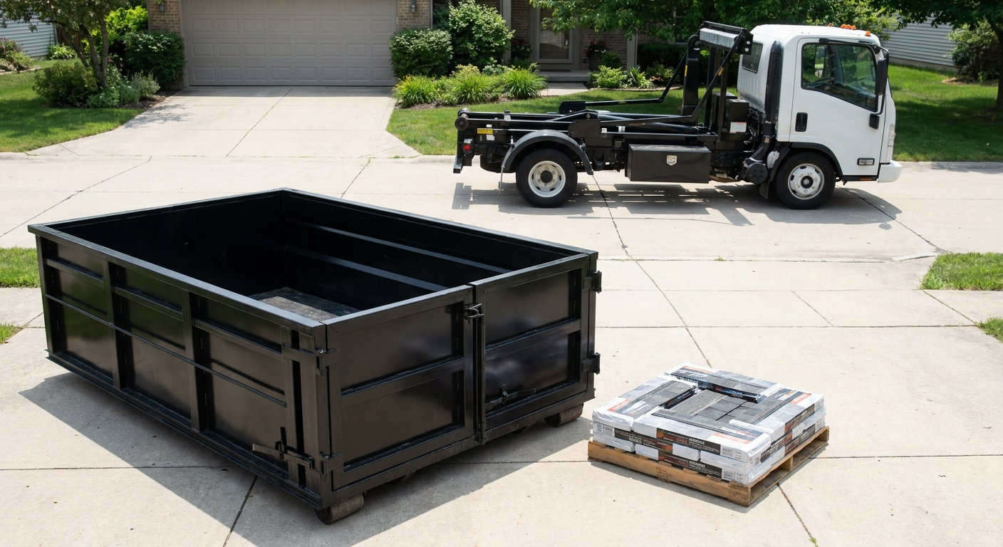 Matte-black 15-yard roofing roll-off dumpster with reinforced low side walls sitting directly on a Cuyahoga Falls residential concrete driveway, three-tab asphalt shingle bundles stacked nearby, an unmarked white hauler truck partially visible at the edge of the frame.