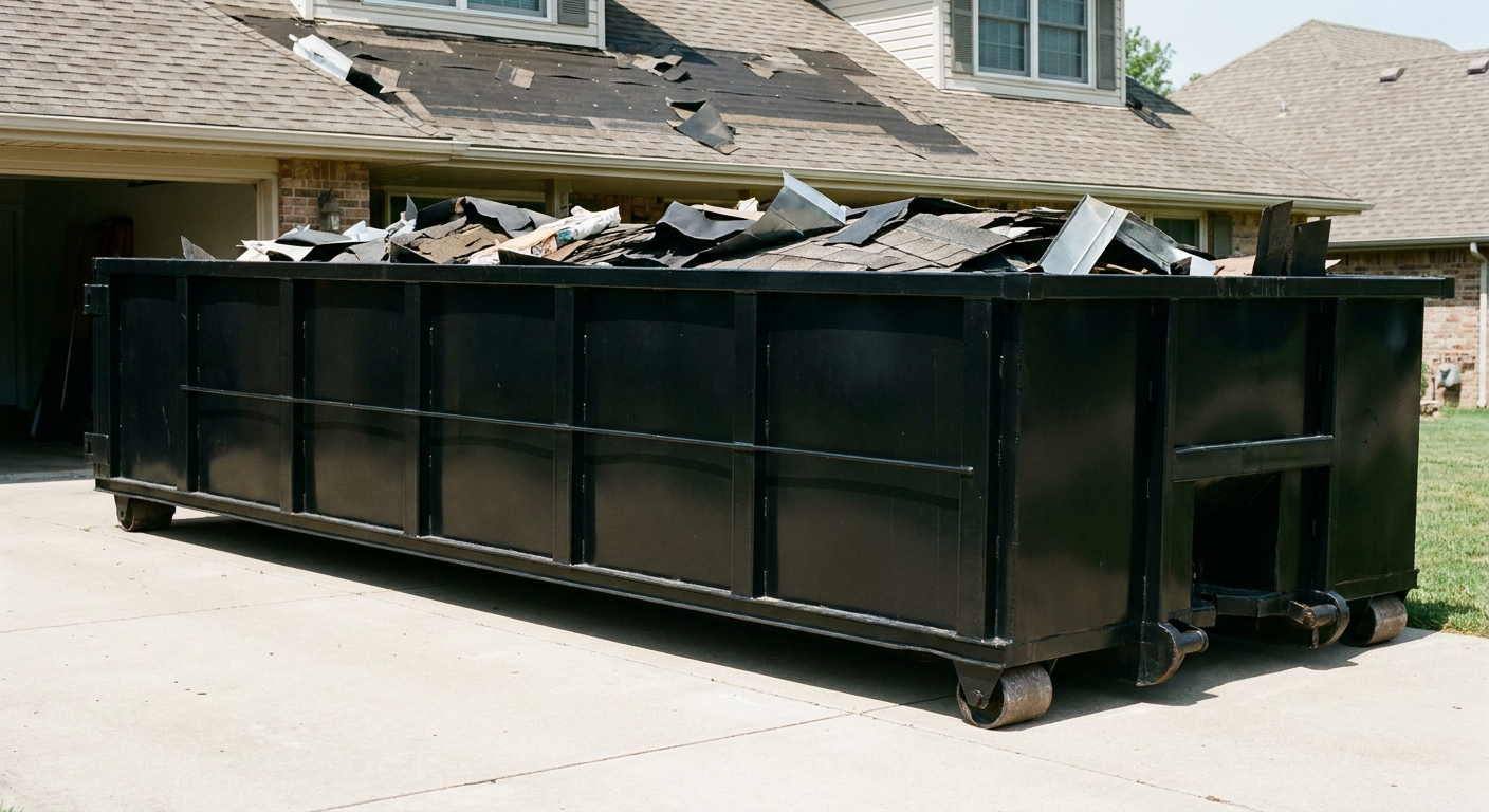 Matte-black 20-yard roofing roll-off dumpster with steel ribbed sides and swinging rear door, sitting directly on the concrete driveway of a two-story Cuyahoga Falls home, asphalt shingle debris being loaded over the low wall, clean documentary lighting.