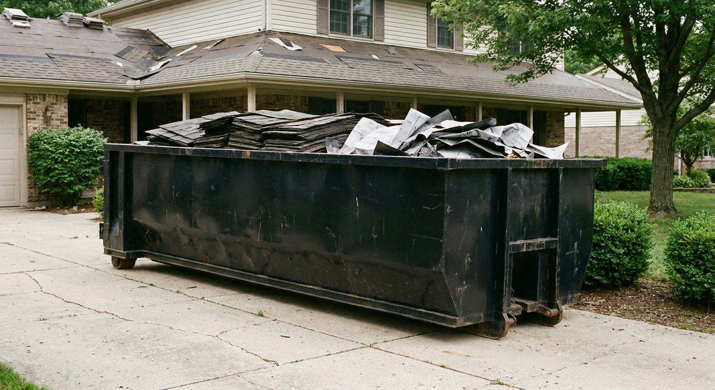Matte-black 30-yard roofing roll-off dumpster sitting directly on a Cuyahoga Falls concrete driveway, taller ribbed steel side panels, mixed tear-off debris of asphalt shingles and underlayment inside, professional documentary daylight.