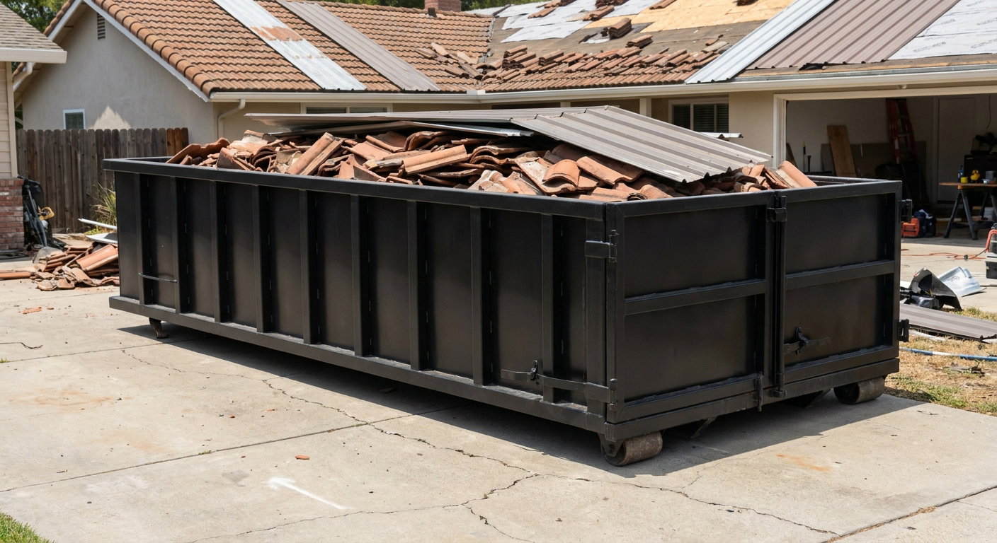 Matte-black low-wall heavy-debris roofing roll-off dumpster sitting directly on a Cuyahoga Falls concrete driveway, broken concrete clay roof tiles and metal panel sections loaded inside, reinforced ribbed steel side walls visible, bright outdoor daylight.