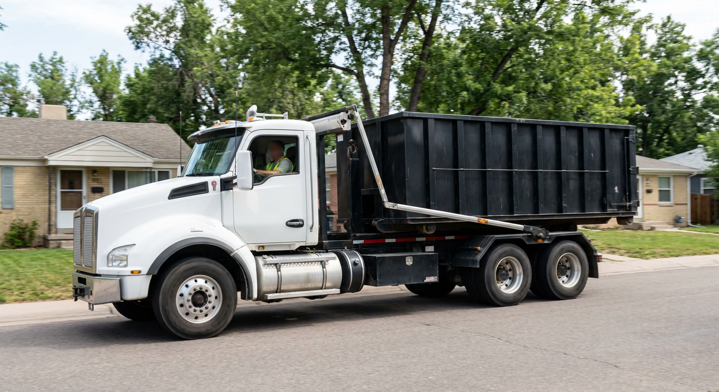 A wide documentary shot of a matte-black roll-off delivery truck pulling onto a quiet Cuyahoga Falls residential street at mid-morning, with neighborhood rooftops and tree-lined blocks visible behind, showing the metro coverage footprint.