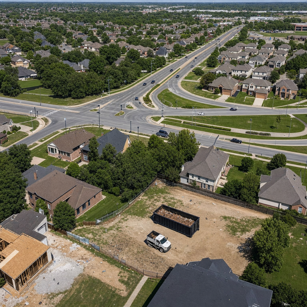 An overhead documentary view of the Cuyahoga Falls metro area at midday, showing the spread of neighborhoods, arterial roads, and the dispatch radius from a central yard — clean daylight, organized geographic layout.