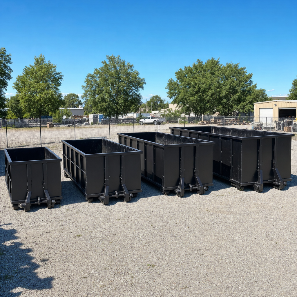 A clean lineup of matte-black roll-off dumpsters in 10, 20, 30, and 40-yard sizes staged on a sunlit gravel yard in Cuyahoga Falls, showing the size progression from compact to commercial-scale containers.