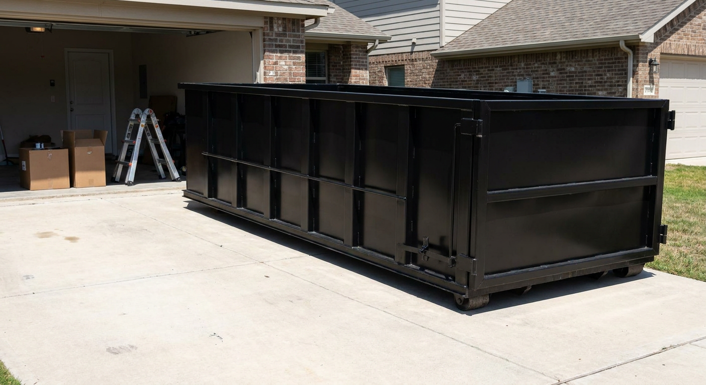 A matte-black 10-yard roll-off dumpster sitting directly on a residential Cuyahoga Falls concrete driveway, mid-day sunlight, clean and ready for a garage cleanout.