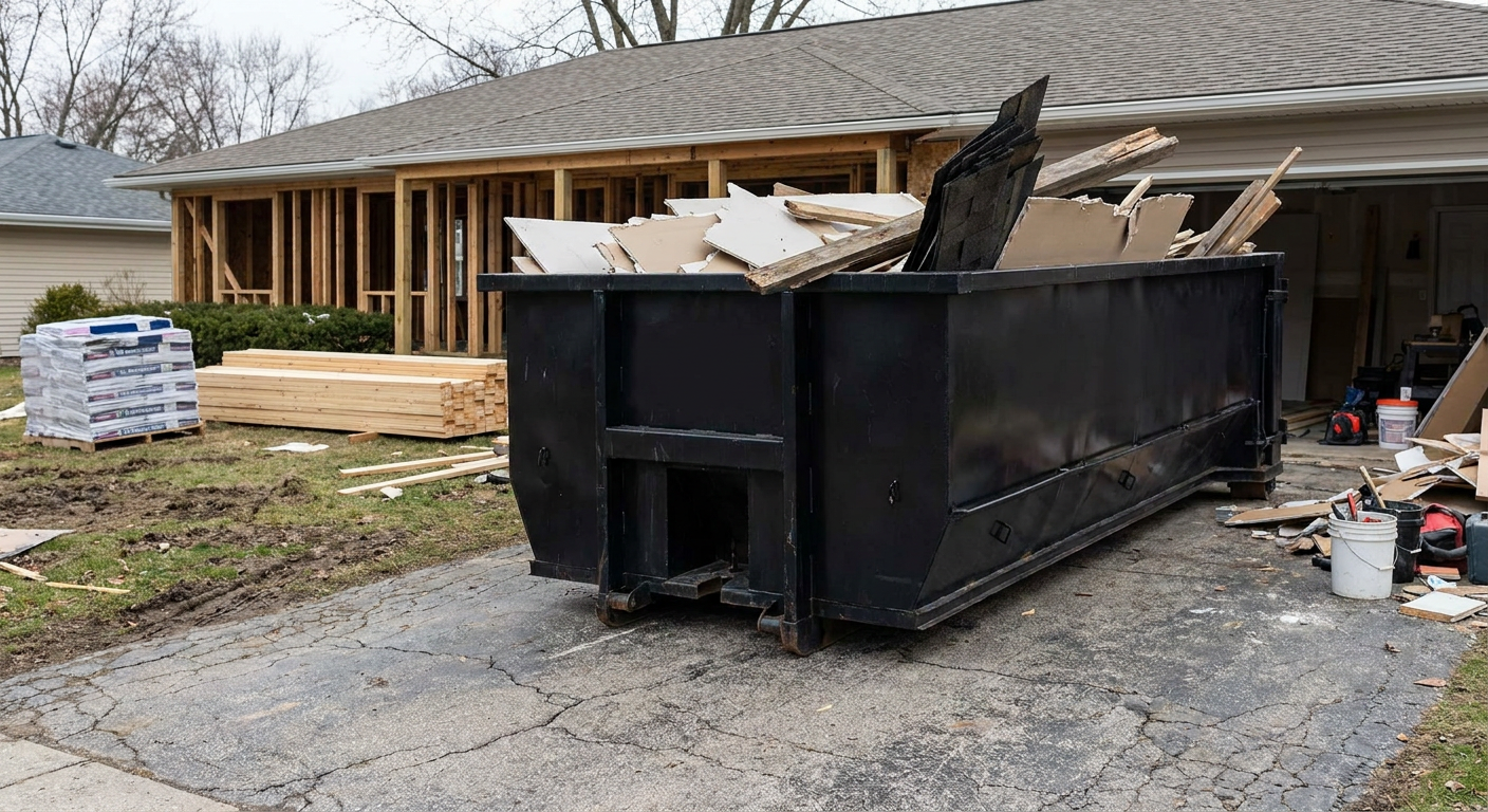 A matte-black 20-yard roll-off dumpster placed alongside a mid-renovation Cuyahoga Falls home directly on the asphalt driveway, with framing materials and torn-off shingles staged neatly nearby.