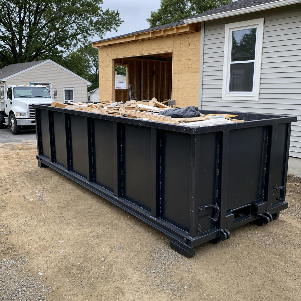 A matte-black 30-yard roll-off dumpster positioned at a Cuyahoga Falls residential addition jobsite, with framing lumber and drywall scraps loaded through the open swinging rear doors.