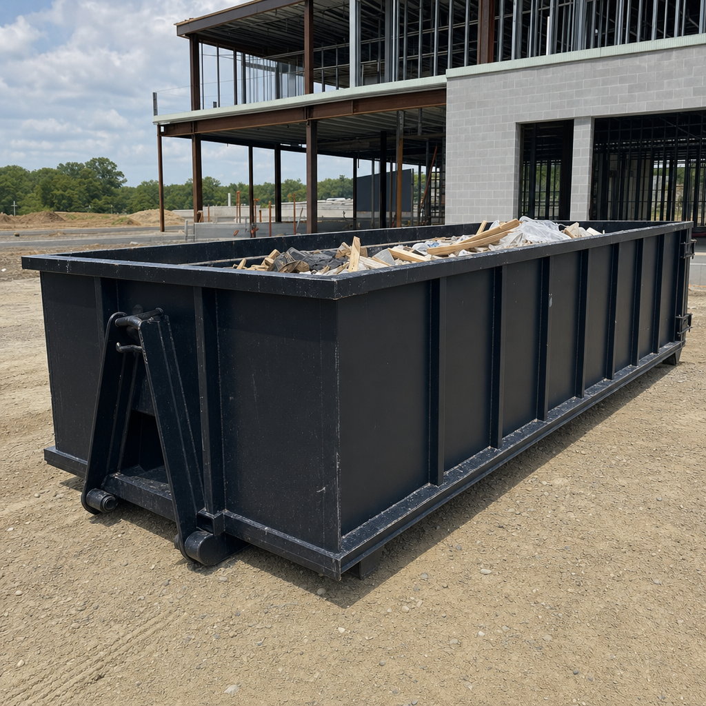 A matte-black 40-yard roll-off dumpster staged on a large Cuyahoga Falls commercial construction lot, with a hooklift delivery truck parked alongside under bright midday sky.