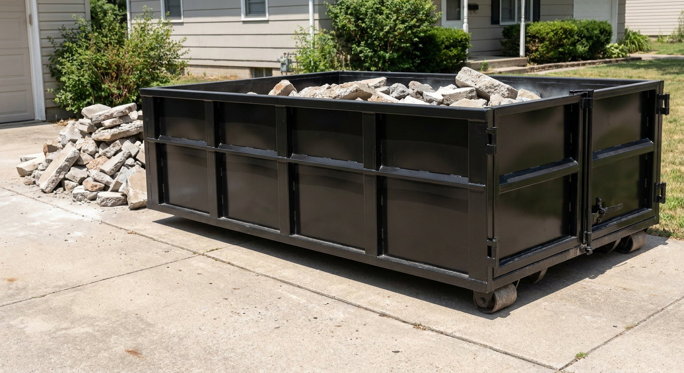 A matte-black low-side heavy-debris roll-off dumpster placed directly on a Cuyahoga Falls concrete driveway, with broken concrete chunks neatly stacked beside it under clean daylight.